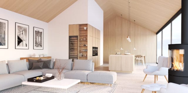 Rendu 3D d'un grand intérieur ouvert dans une maison ou un chalet, principalement en bois clair, avec une grande baie vitrée et une cheminée