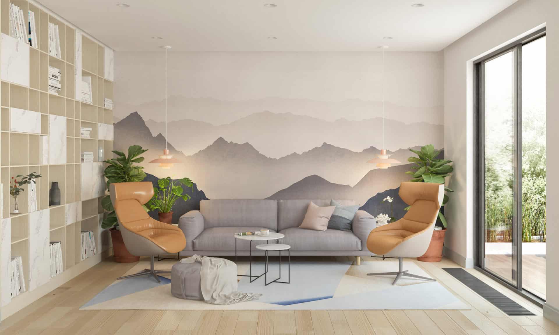 Bureau contemporain lumineux avec mobilier design et mur panoramique présentant des montagnes, illustrant un intérieur harmonieux - ArchiBienPensé, architecte d'intérieur à Annecy.