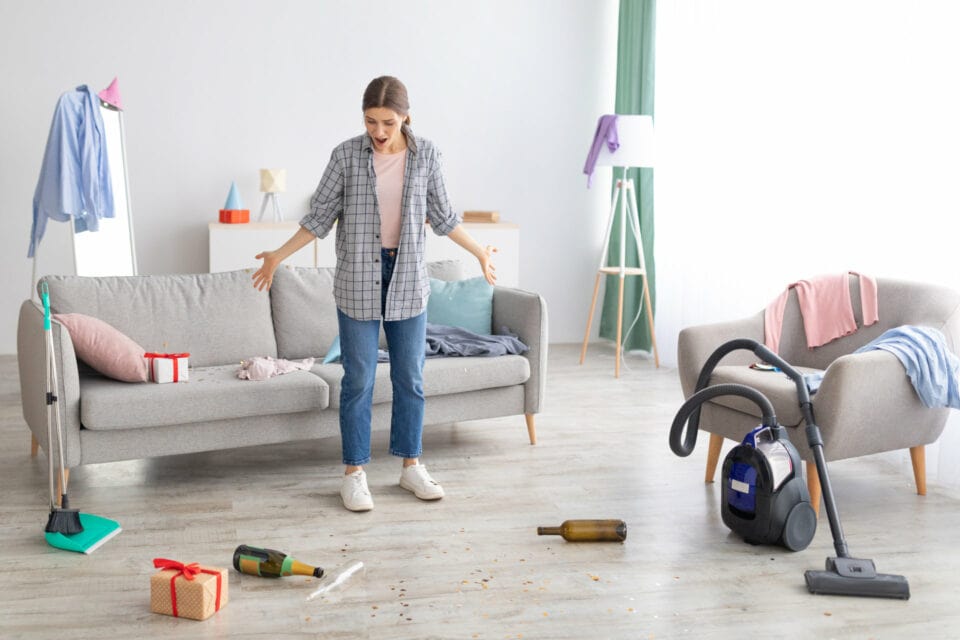Une femme est debout au milieu de son salon salle et en désordre. Il y a des bouteilles sur le sol, des vêtements sur les canapés et meubles. L'aspirateur et le balais sont sortis