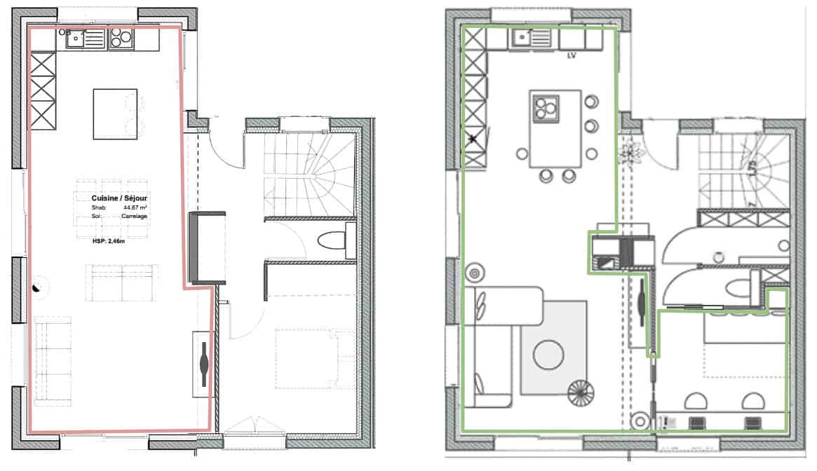 Plans d'architecte d'intérieur pour optimiser l'espace d'un salon salle à manger cuisine