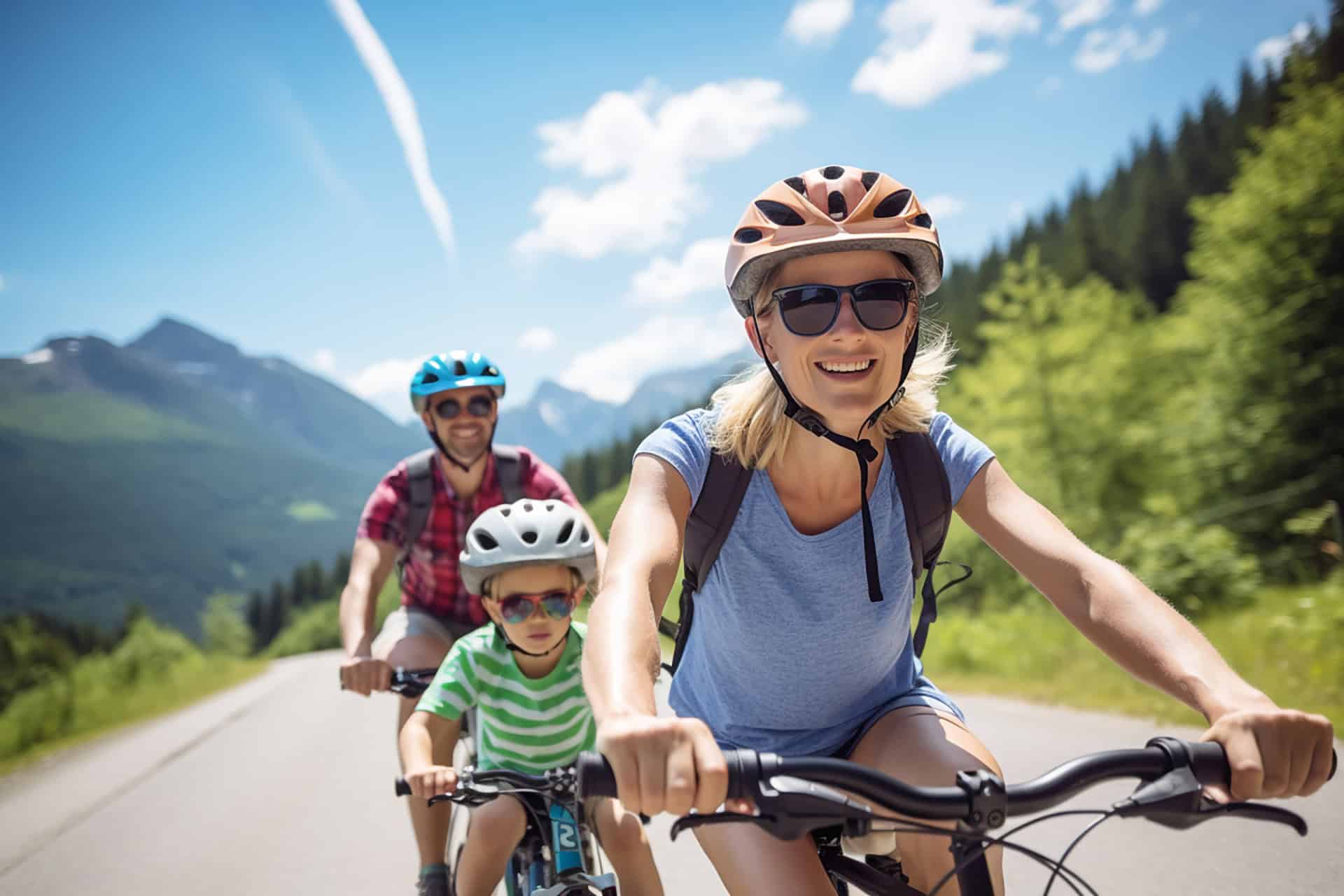 Une famille de 3 personnes en train de faire du vélo dans les montagnes