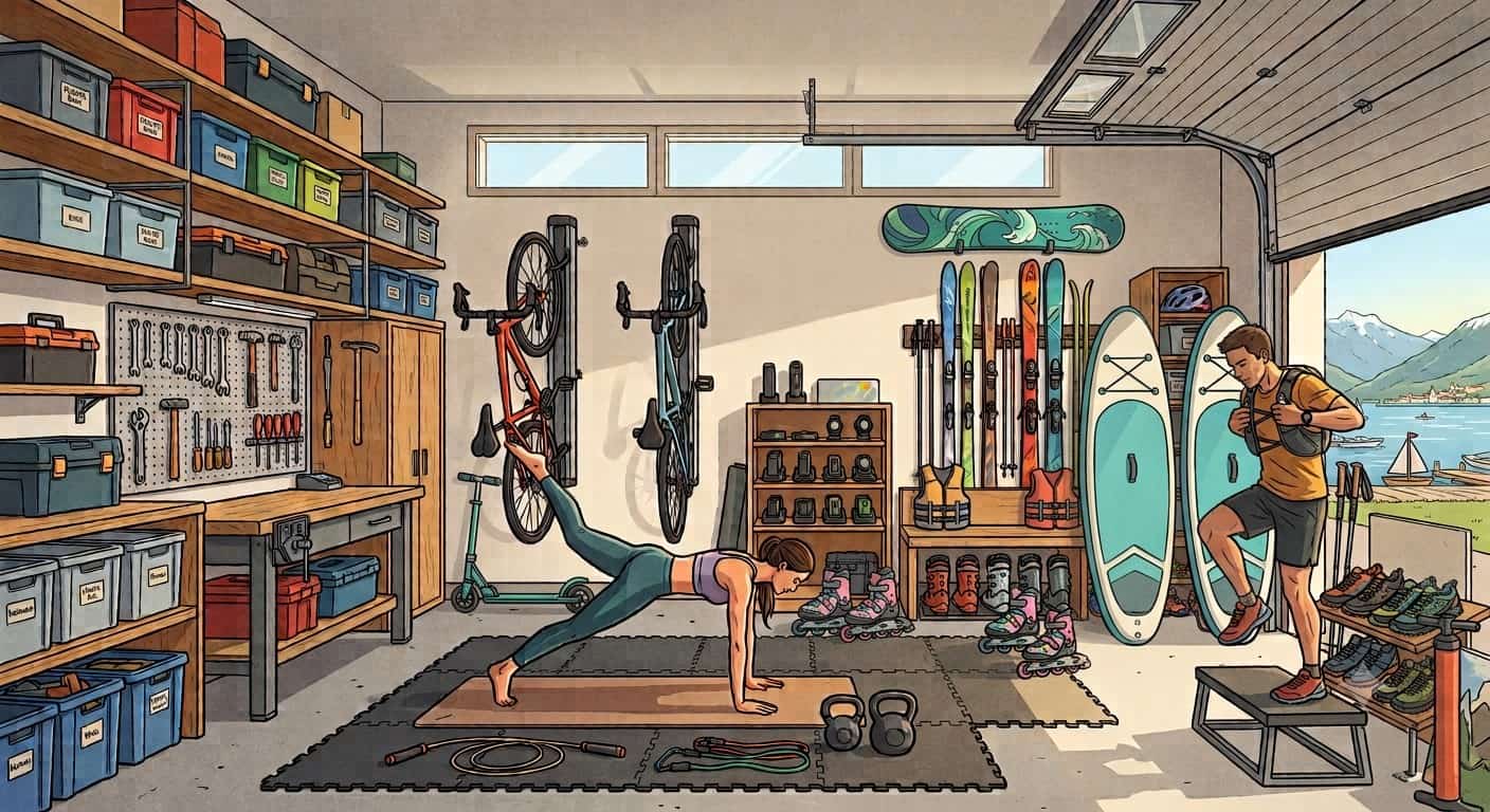 Illustration d'un projet d'architecture d'intérieur pour aménager son garage à Annecy en salle de sport et espace de rangement outdoor.