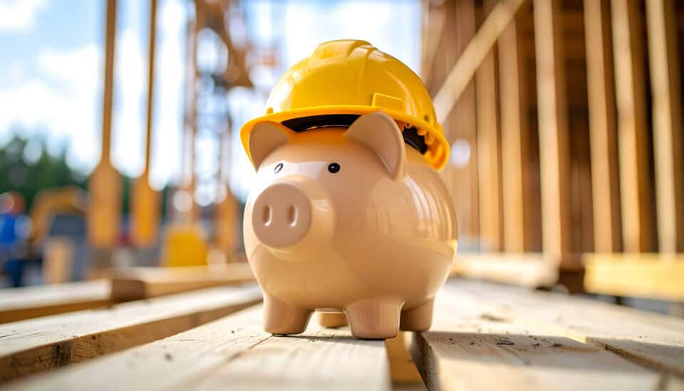 Une tirelire en forme de cochon avec un casque de sécurité sur la tête