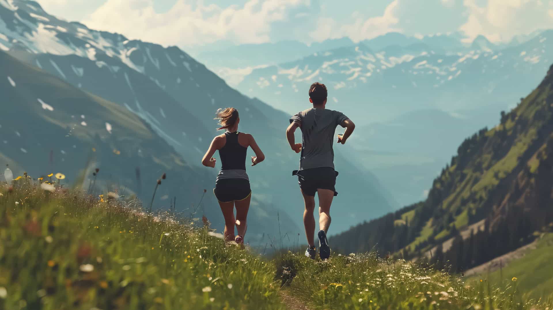 Un couple en train de faire du trail dans les montagnes