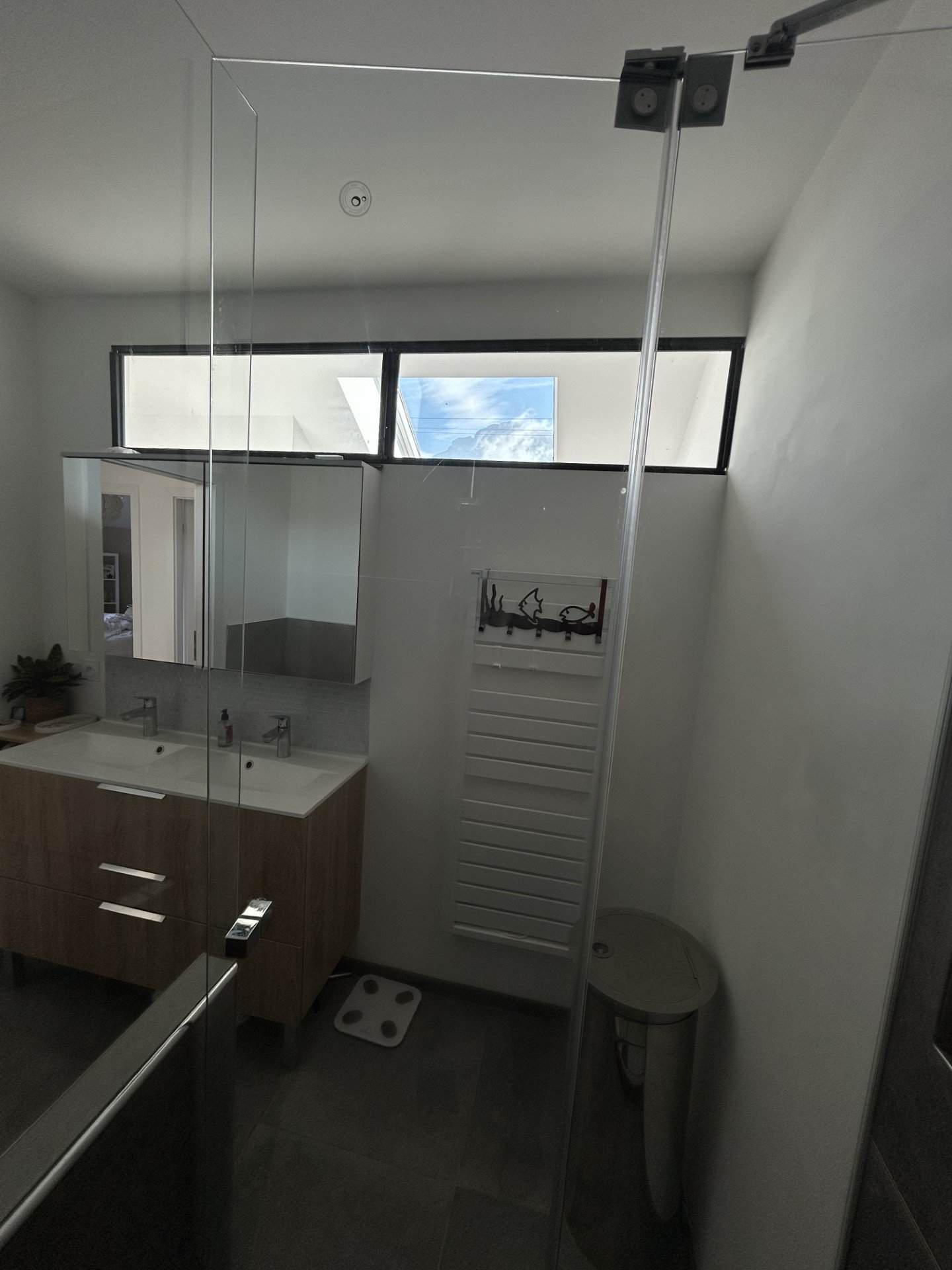 10 incontournables pour agencer une salle de bain optimale pour votre famille sportive 3 Photo d'une salle de bain et de son espace lavabos, avec un puit de lumière au sommet